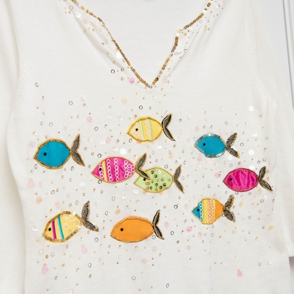 Jack B Quick Vintage Sweater Colorful Fish Beads and Sequins Fun Print Size L - Picture 2 of 5